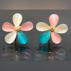 Earrings 🍒 Colorful Flower Moonstone Decor Stud, Alloy 14K Gold Plated